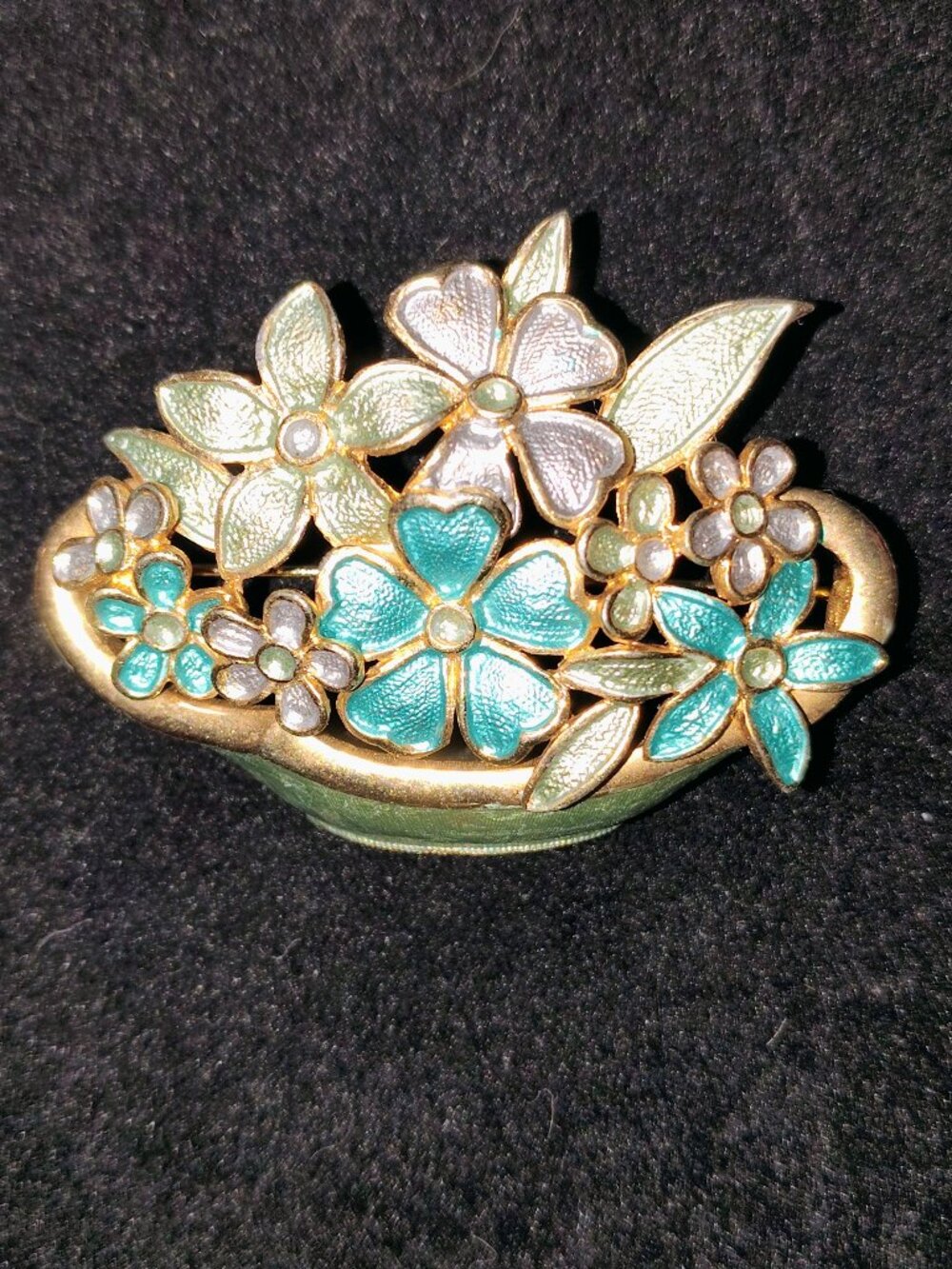 Vintage Mid‑Century Enameled Flower Basket Brooch Gold‑Tone & Rhinestone Accents